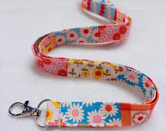 Retro Patchwork Lanyard, Patchwork Lanyard for keys, ID Badge Holder Strap, Colorful Floral Print Lanyard, Unique, Thin Fabric Keychain