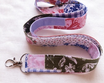 Floral Patchwork Lanyard, Patchwork Lanyard for keys, ID Badge Holder Strap, Colorful Print Lanyard, Unique, Thin Fabric Keychain, Cute Key
