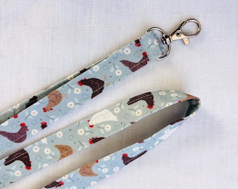 Chicken Lanyard for keys, ID Badge Holder, Blue Chicken Print Lanyard, Unique, Fabric Keychain, Chicken Lover Gift, Hens, Chick Blue Lanyard