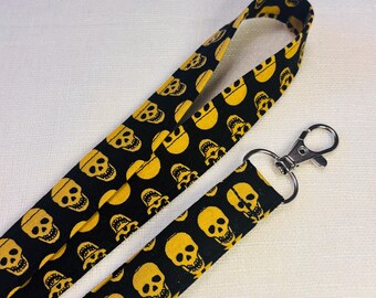 Black and Yellow Skull Lanyard, Gothic Badge Holder, Bones Keychain, Halloween Lanyard, Seasonal Keychain, Skull ID Strap