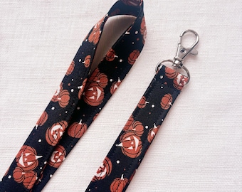 Pumpkin Lanyard, Fall Lanyard for keys, ID Badge Holder Strap, Festive Print Lanyard, Unique, Thin Fabric Keychain, Seasonal, Teacher, Cute