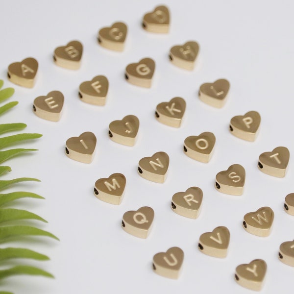 Gold Heart Initial Bead, 14K Gold Letter Charm, Stainless Steel Alphabet Pendant, Gold Beads for Jewelry Making, Letter Beads for Bracelet