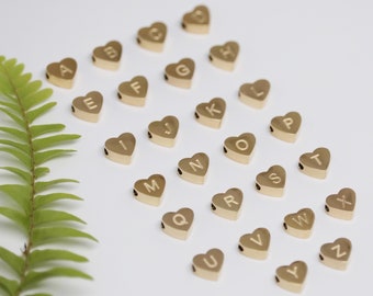 Gold Heart Initial Bead, 14K Gold Letter Charm, Stainless Steel Alphabet Pendant, Gold Beads for Jewelry Making, Letter Beads for Bracelet