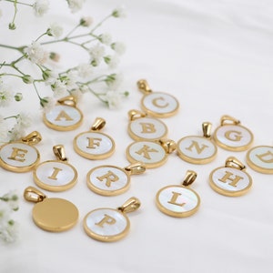 Mother of Pearl Letter Charm, Gold Tag Alphabet Charm, Shell Letter Pendant, Personalized Letters, Stainless Steel Initial Charm