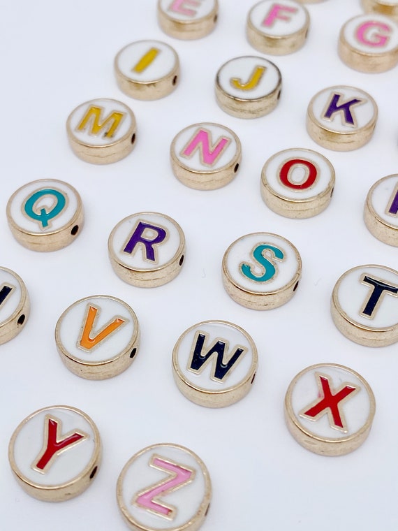 1PC Round White Enamel Letter Beads 10mm, White and Gold Letter