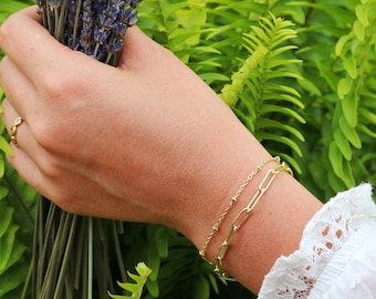 Dainty 14K Gold Filled Layered Bracelet Set: Satellite Chain, Paperclip Chain
