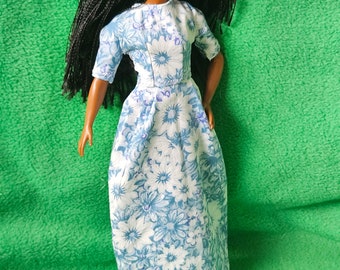 Barbie doll clothing, Elegant vintage style dress Blue floral- fits OG and some modern dolls-  11.5inch/29.5cm doll