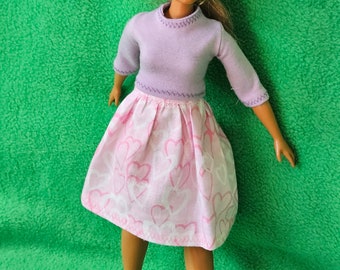 Barbie doll clothing, Heart print full gathered skirt and lilac top - fits a range of doll body types