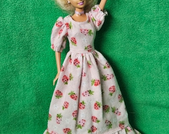 Barbie doll clothing, Strawberry flannelette full length dress/gown- fits a range of body shapes -    11.5inch/29.5cm doll