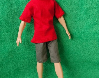 Ken doll clothing, casual outfit - red tee shirt, Khaki shorts -   11.5inch/29.5cm doll