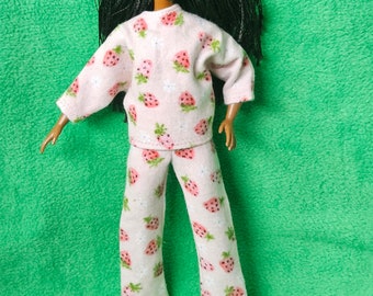 Barbie doll clothing, sleepwear/PJ's strawberry print, flannelette - fits OG and some Modern dolls   11.5inch/29.5cm doll