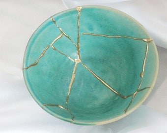 18k Gold Kintsugi Bowl Handmade Ceramic - Turquoise