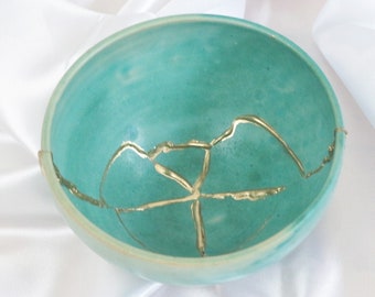 Bol Kintsugi en or 18 carats Wabi Sabi Turquoise Céramique japonaise,