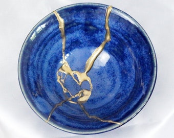 18k Gold Kintsugi Bowl Wabi Sabi Kintsukuroi Japanese Ceramic Blue,