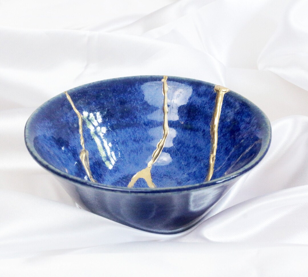 18k Gold Kintsugi Bowl Wabi Sabi Japanese Ceramic Blue - Etsy