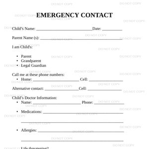 Childcare Emergency Contact Form PDF digital download
