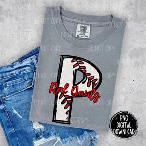 May include: A gray t-shirt with a white baseball graphic and the text "Red Devils" in red. The baseball graphic has red stitching.