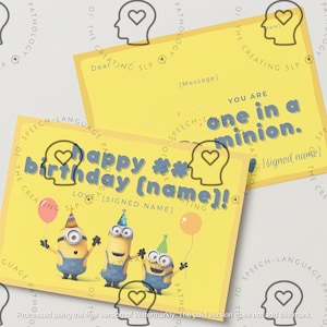 Puede incluir: Tarjeta amarilla con un diseño de personaje de Minion. La tarjeta dice "Feliz cumpleaños (nombre)!" y "Eres único en tu especie."