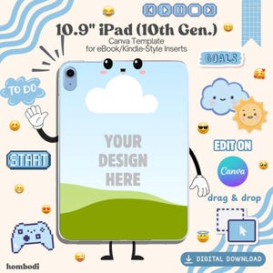 May include: A digital download Canva template for a 10.9" iPad (10th Gen.) with a customizable design area. The image features a cartoon-style design with a cloud, sun, and text elements like "Goals" and "To Do". The template is for eBook/Kindle-style inserts.