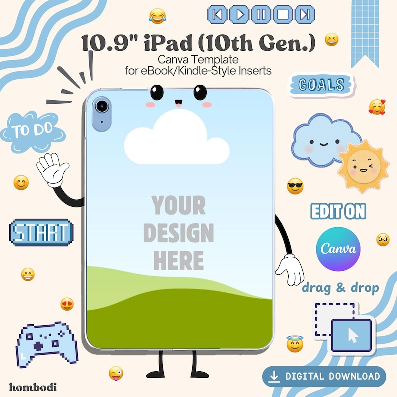 Puede incluir: Una plantilla digital de Canva para iPad de 10,9" (10.&ordf; generaci&oacute;n) con un &aacute;rea de dise&ntilde;o personalizable. La imagen presenta un dise&ntilde;o de estilo de dibujos animados con una nube, un sol y elementos de texto como "Metas" y "Por hacer".
