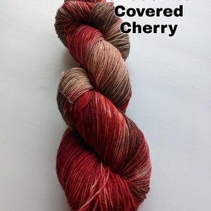 May include: A skein of yarn in shades of red, brown, and cream. The yarn is called "Chocolate Covered Cherry".