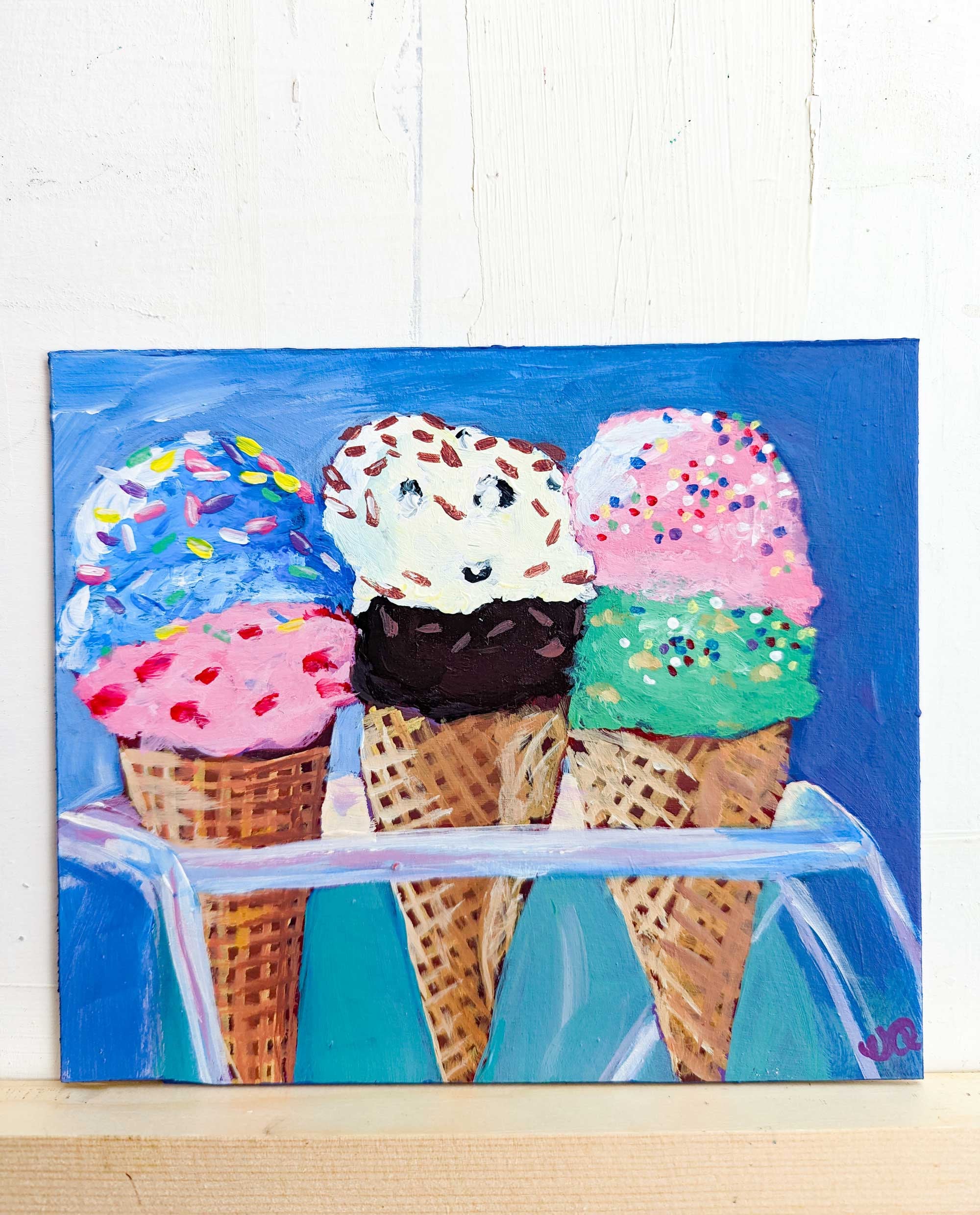 7x6 In. - Ice Cream Cones - Original Acrylic Painting - Food Still