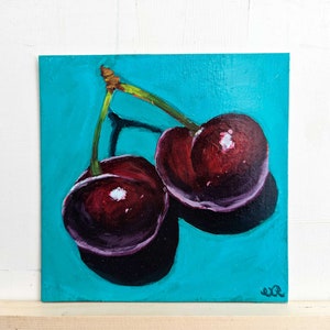 6x6 in. - Pair Of Cherries - Original Acrylic Painting - Fruit Painting