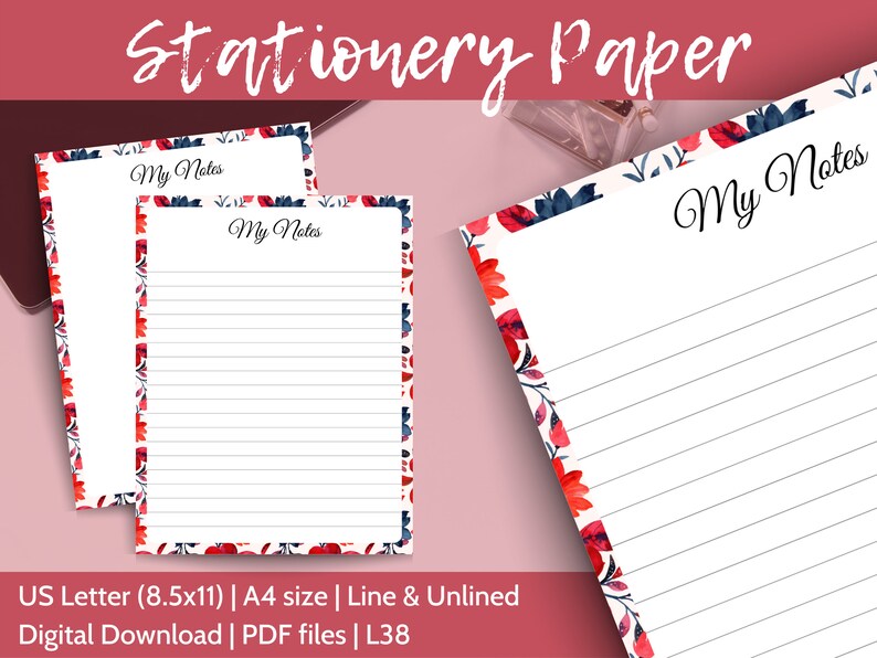 Floral Lined Paper Lined Stationery Paper Digital Lined Etsy