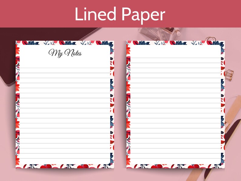 Floral Lined Paper Lined Stationery Paper Digital Lined Etsy