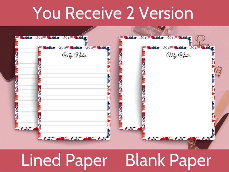 Floral Lined Paper Lined Stationery Paper Digital Lined Etsy
