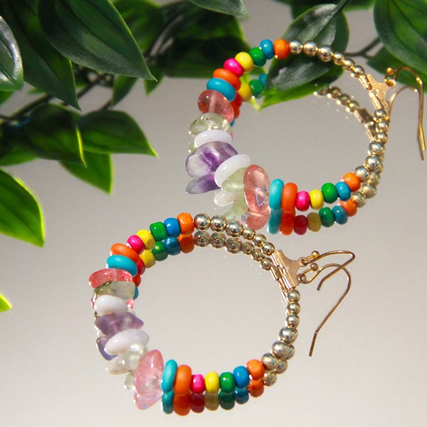 Rainbow Crystal Hoops | Genuine Cherry Quartz, Prehnite, Moonstone, and Fluorite | Handmade
