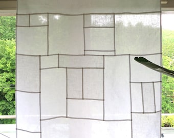 Window Pojagi Curtain, White Linen Patchwork Panel, Minimalist Home Decor