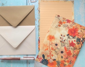 Orange Floral Writing Paper and Envelopes. A5 Vintage Floral style Writing Paper..