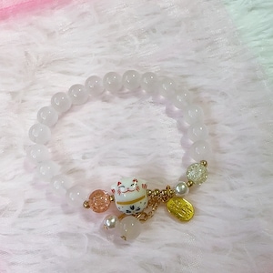 Kawaii Lucky Cat  | Maneki Neko WHITE Porcelain Gemstone Bracelet