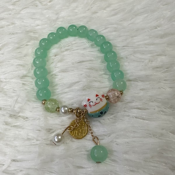 Kawaii Lucky Cat  | Maneki Neko GREEN Porcelain Gemstone Bracelet