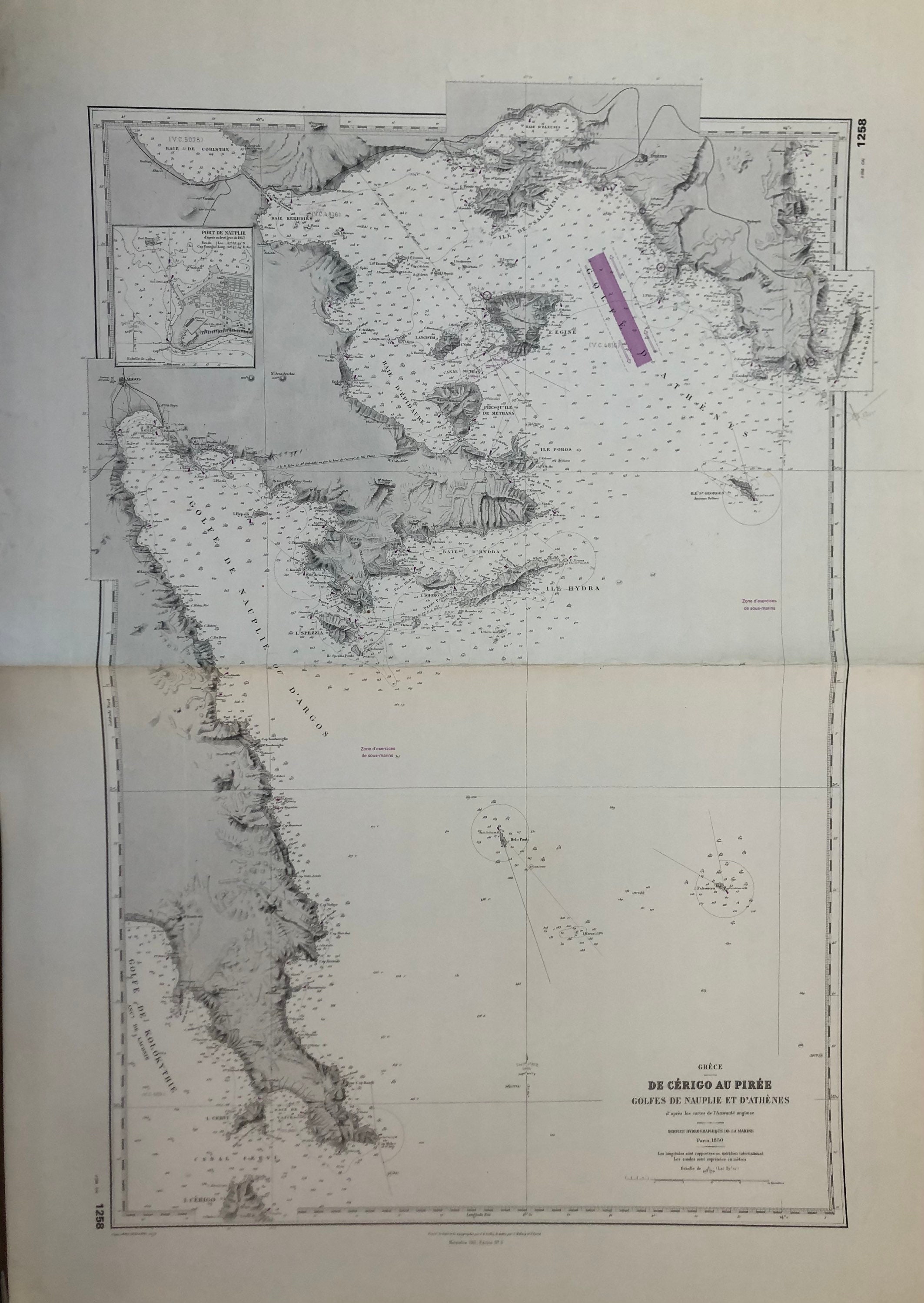 Authentique Carte Marine Ancienne Shom Grece de Cérigo Au Pirée Golfes Nauplie et d'athenes Paris 18