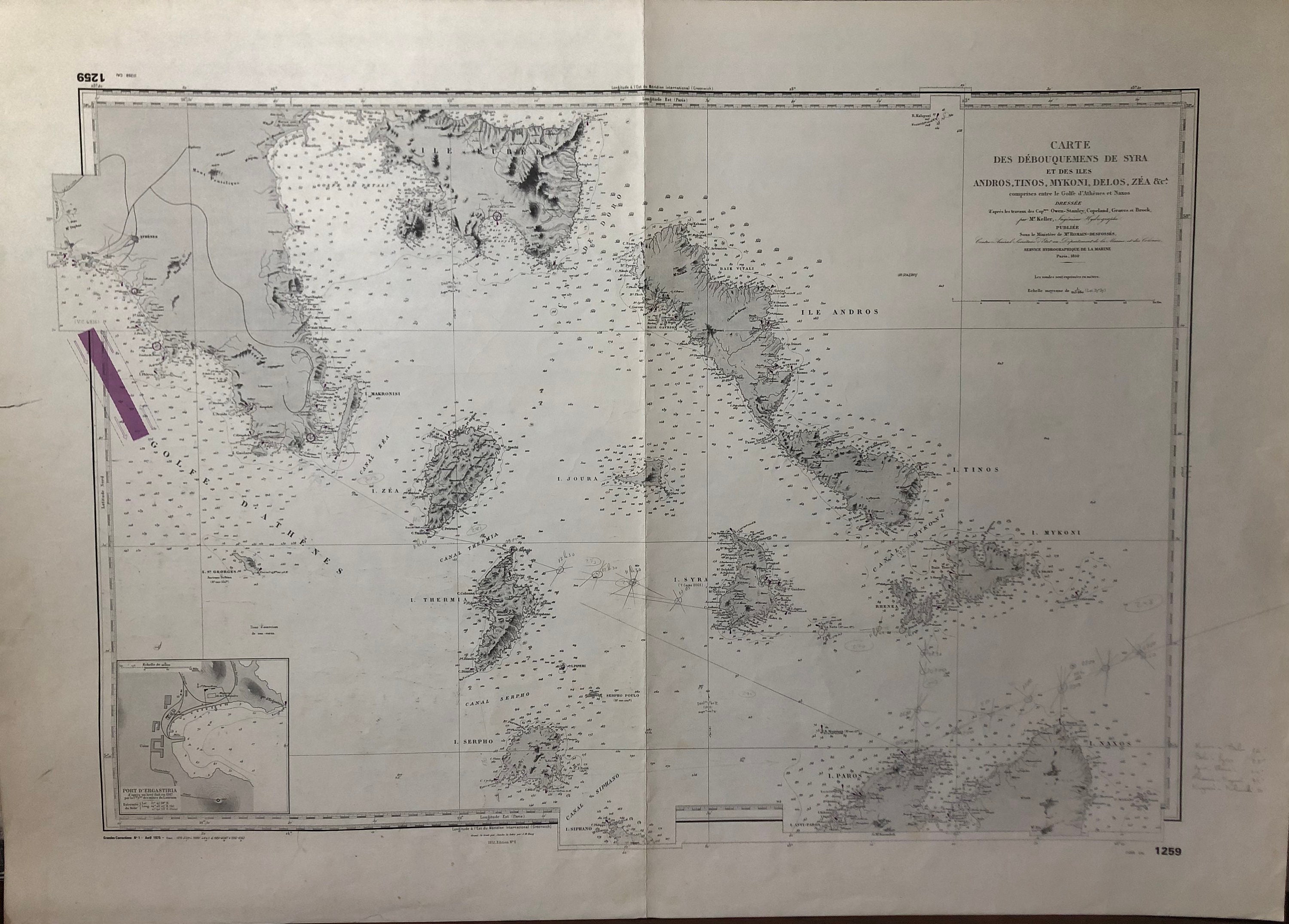 Authentique Carte Marine Ancienne Shom Des Debouquements de Syra et Des Iles Andros, Tinos, Mykoni, 