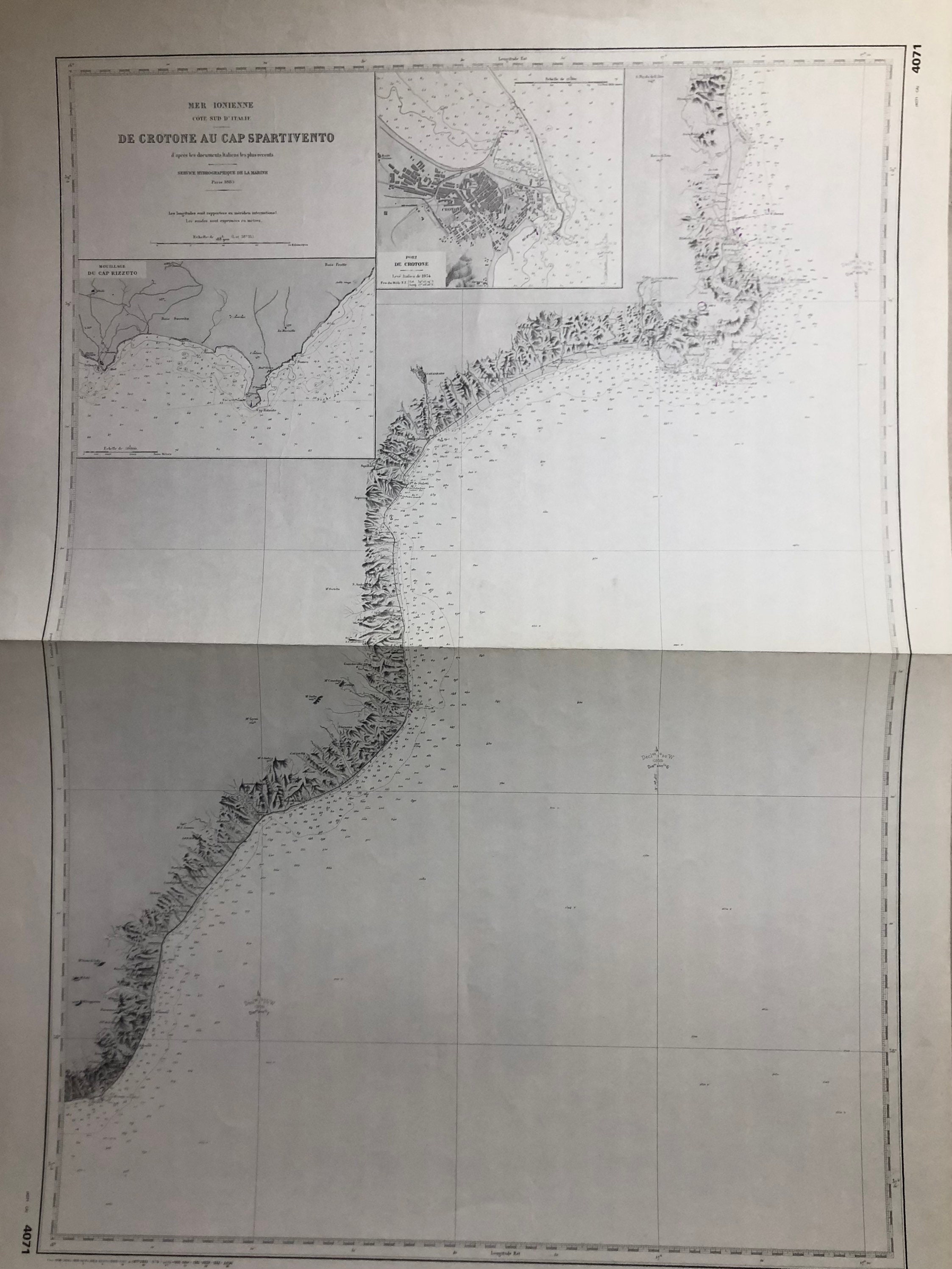 Authentique Carte Marine Ancienne Shom Cote Sud d'italie de Crotone Au Cap Spartivento Paris 1883 | 