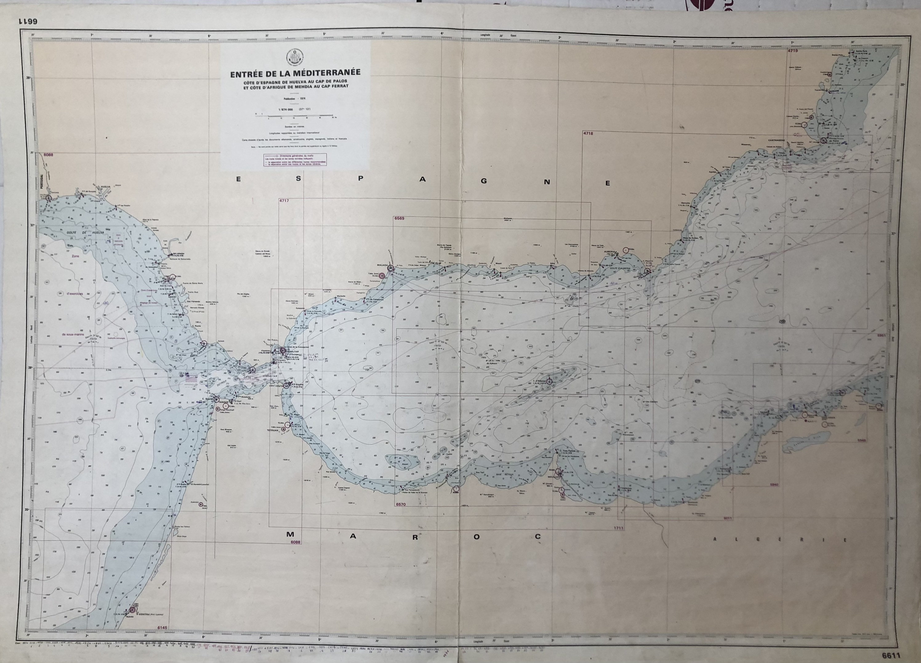 Authentique Carte Marine Ancienne Shom Entrée de La Méditerranée Cotes d'espagne et d'afrique | Tira
