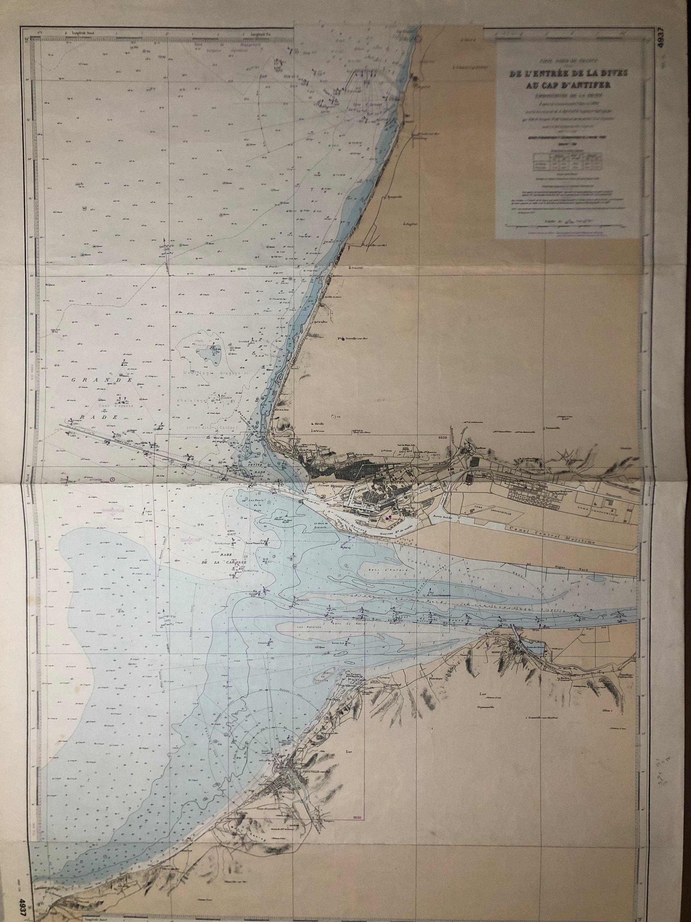 Authentique Carte Marine Ancienne Shom de L'entrée de La Dives Au Cap d'antifer Embouchure Seine Par