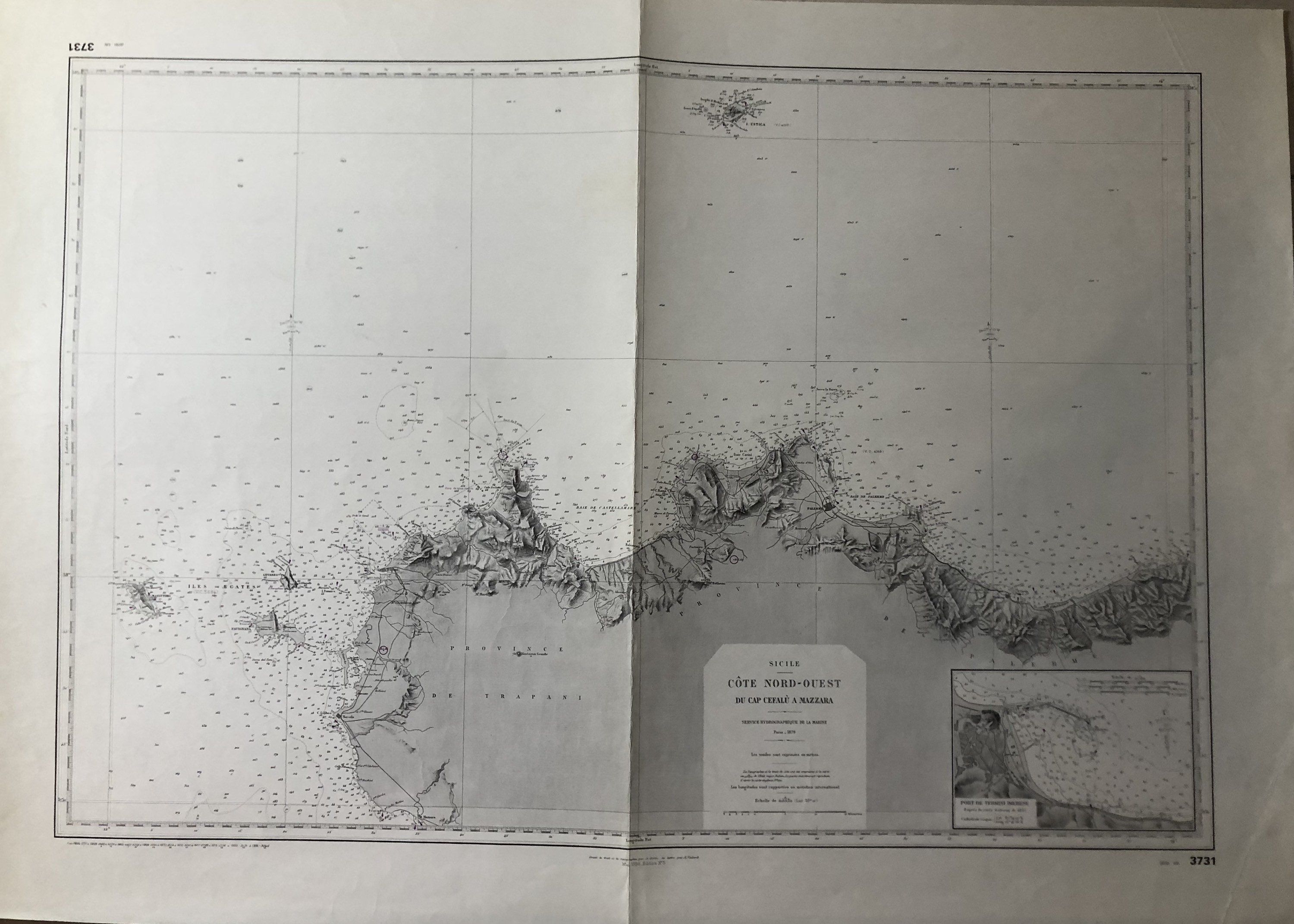 Authentique Carte Marine Ancienne Shom Sicile Cote Nord-Ouest Du Cap Cefalu à Mazzara Paris 1879 | T