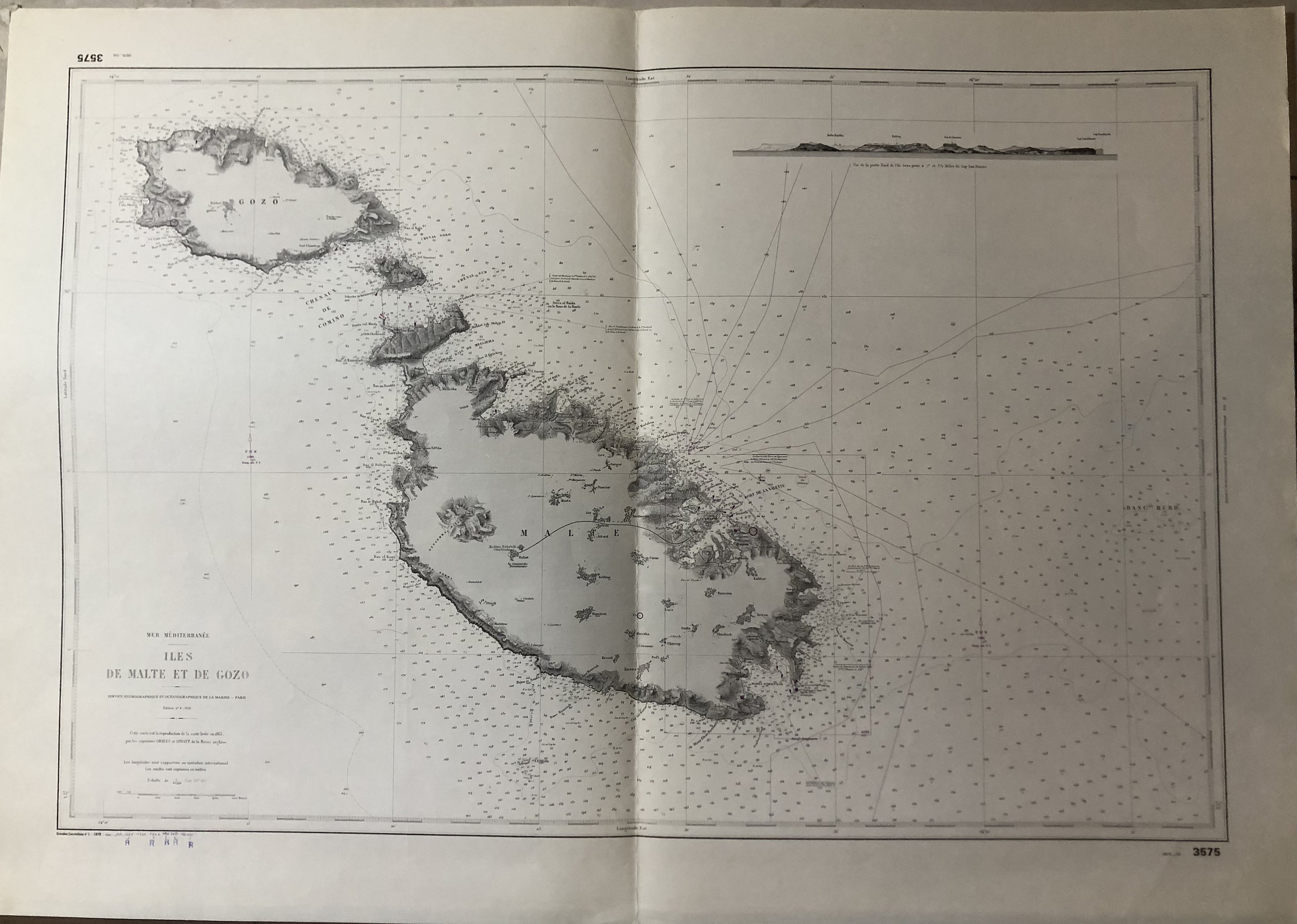Authentique Carte Marine Ancienne Shom Iles de Malte et Gozo Paris 1935 | Tirage Des Années 1980