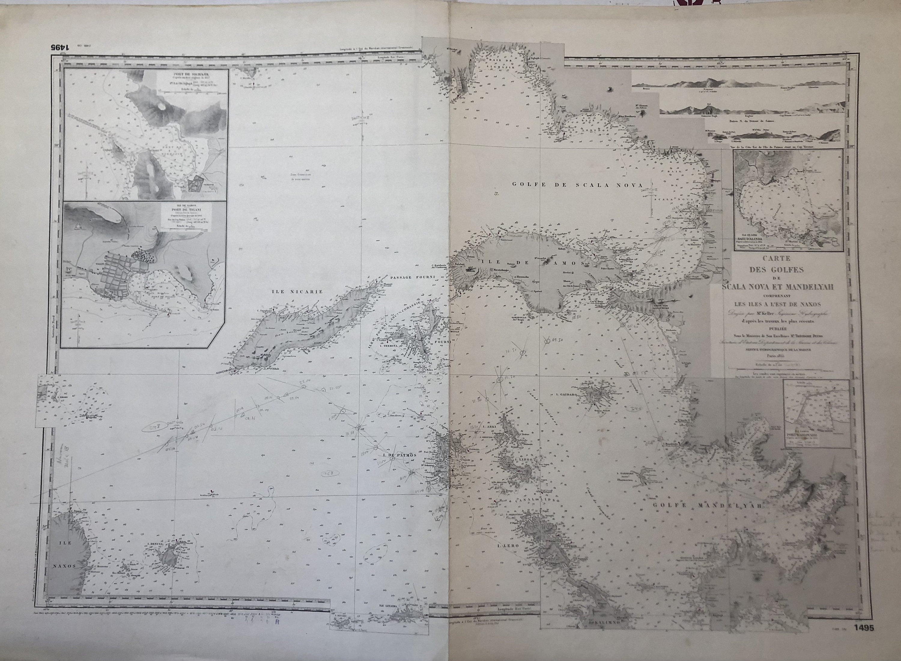 Authentique Carte Marine Ancienne Shom Des Golfes de Scala Nova et Mandelyah Comprenant Les Iles A L