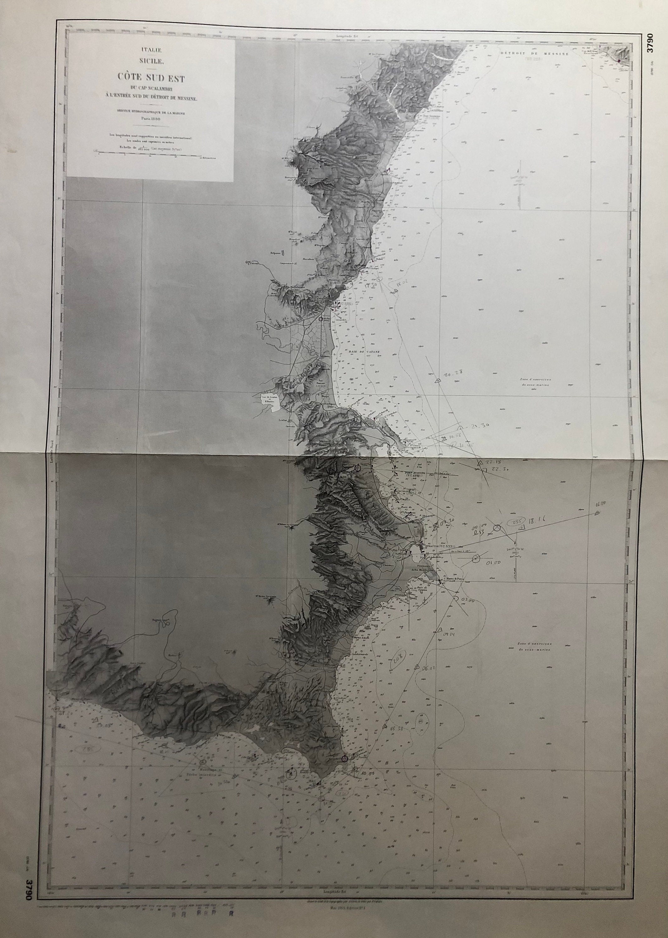 Authentique Carte Marine Ancienne Shom Cote Sud Est Du Cap Scalambri à L'entrée Sud Détroit de Messi