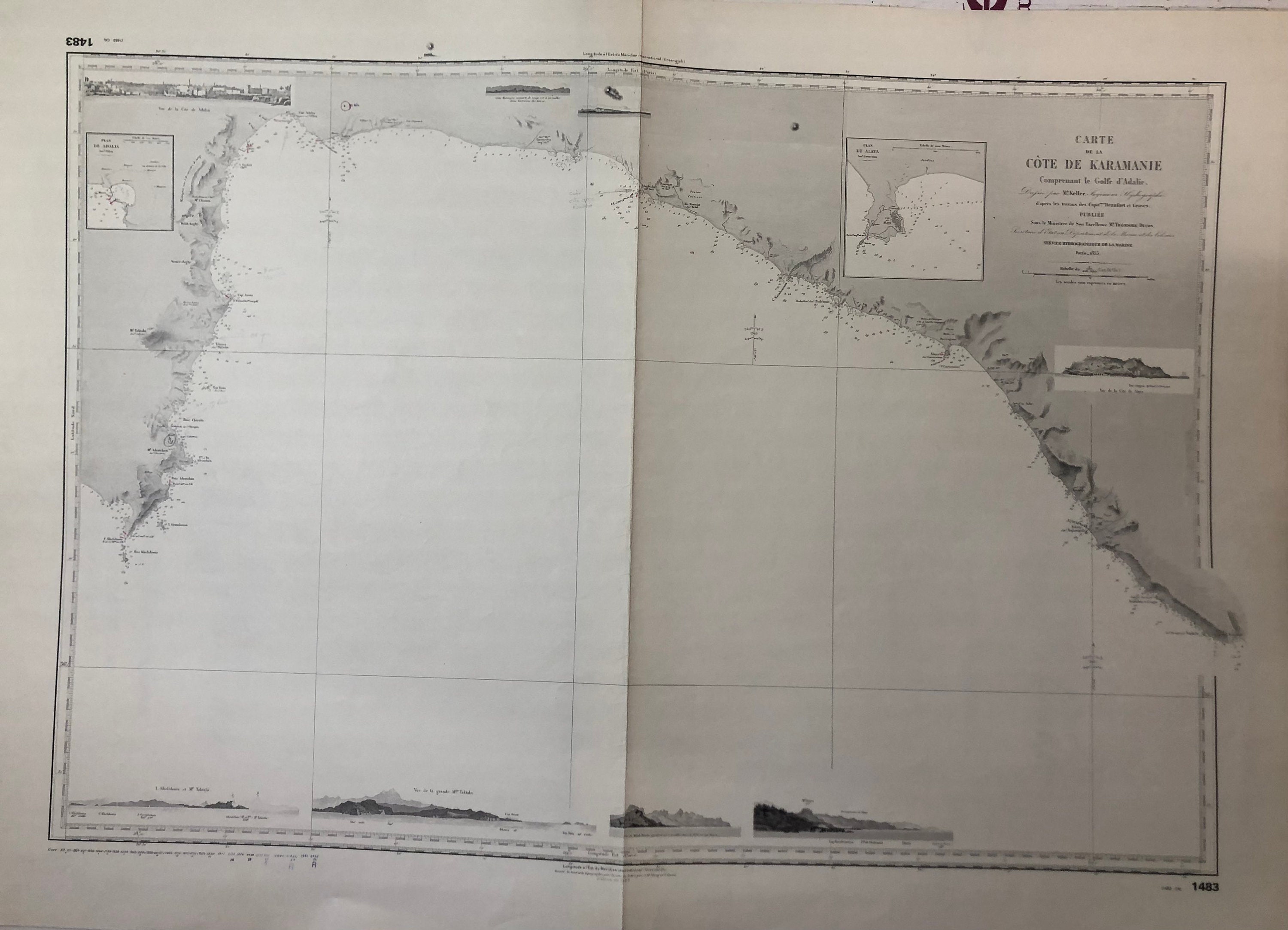 Authentique Carte Marine Ancienne Shom Cote de Karamanie Comprenant Le Golfe d'adalie Paris 1863 | T