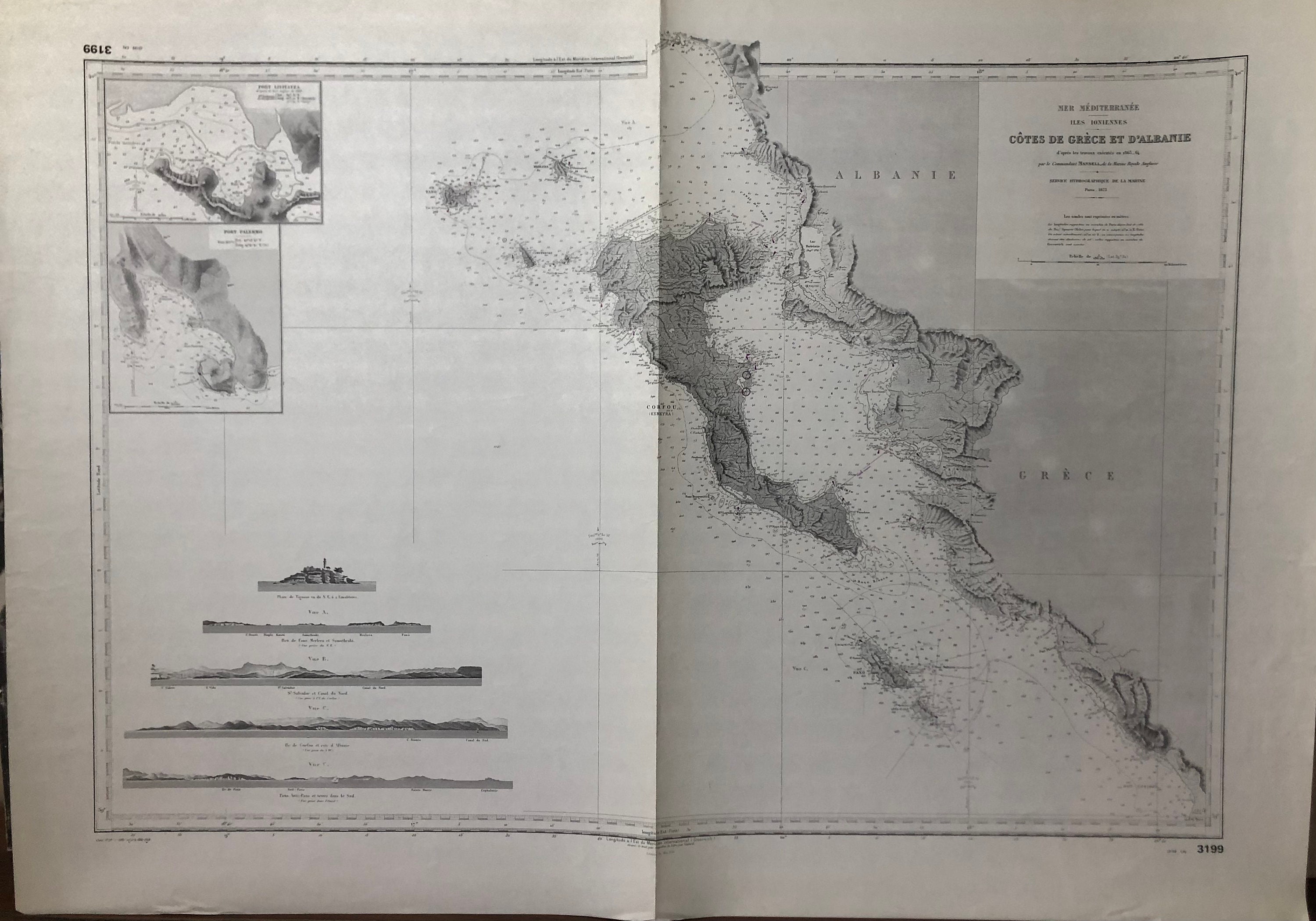 Authentique Carte Marine Ancienne Shom Cotes de Grèce et d'albanie Paris 1873 | Tirage 1980