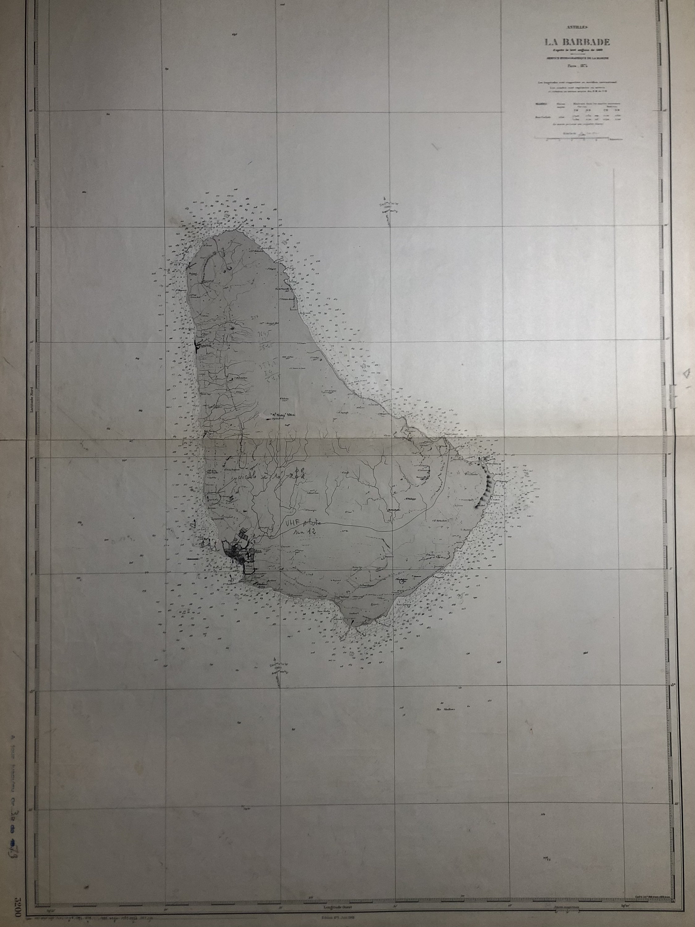 Authentique Carte Marine Ancienne Shom Antilles La Barbade Paris 1874 | Tirage 1980