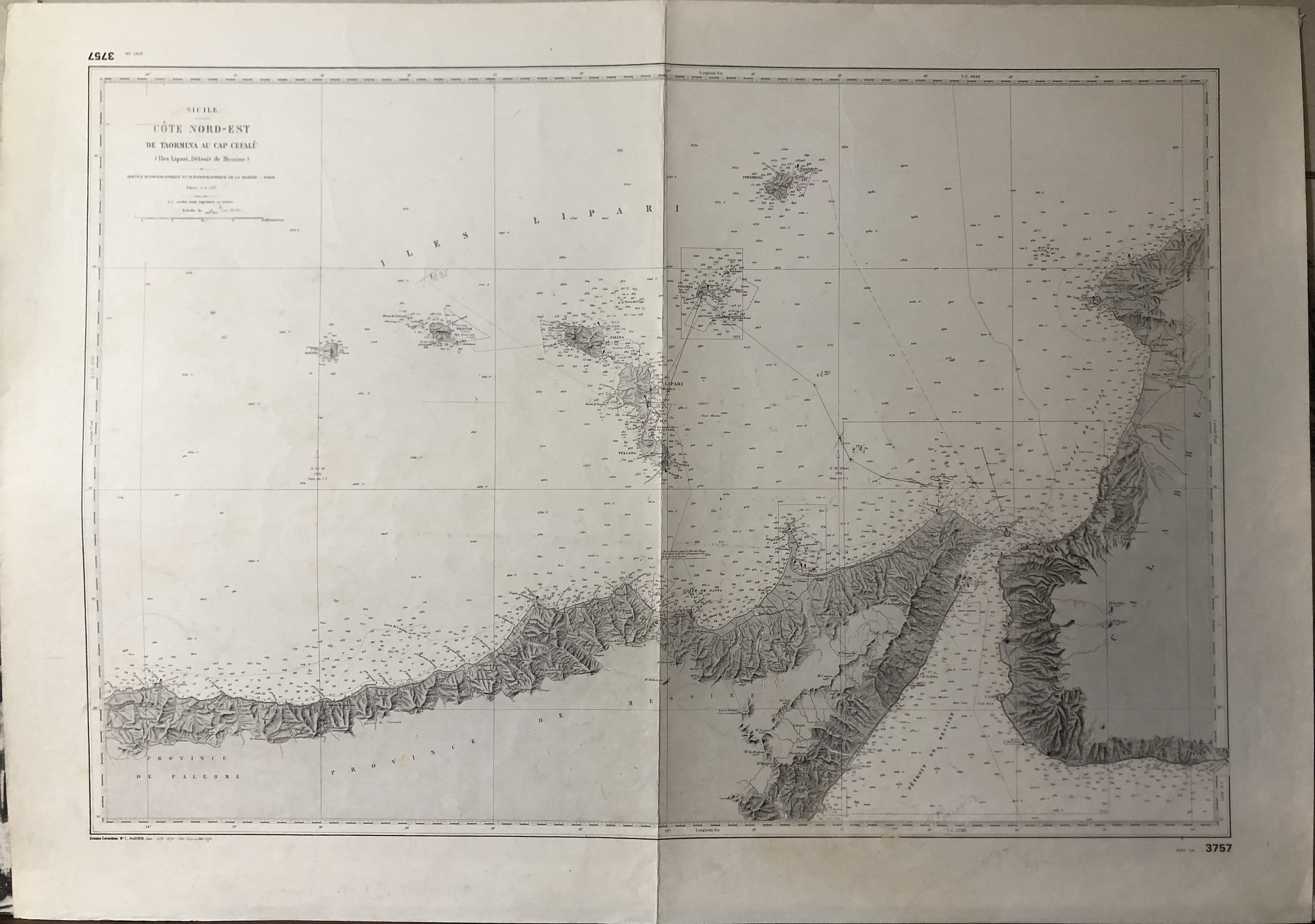 Authentique Carte Marine Ancienne Shom Cote Nord-Est de Taormina Au Cap Cefalu, Iles Lipari Detroit 