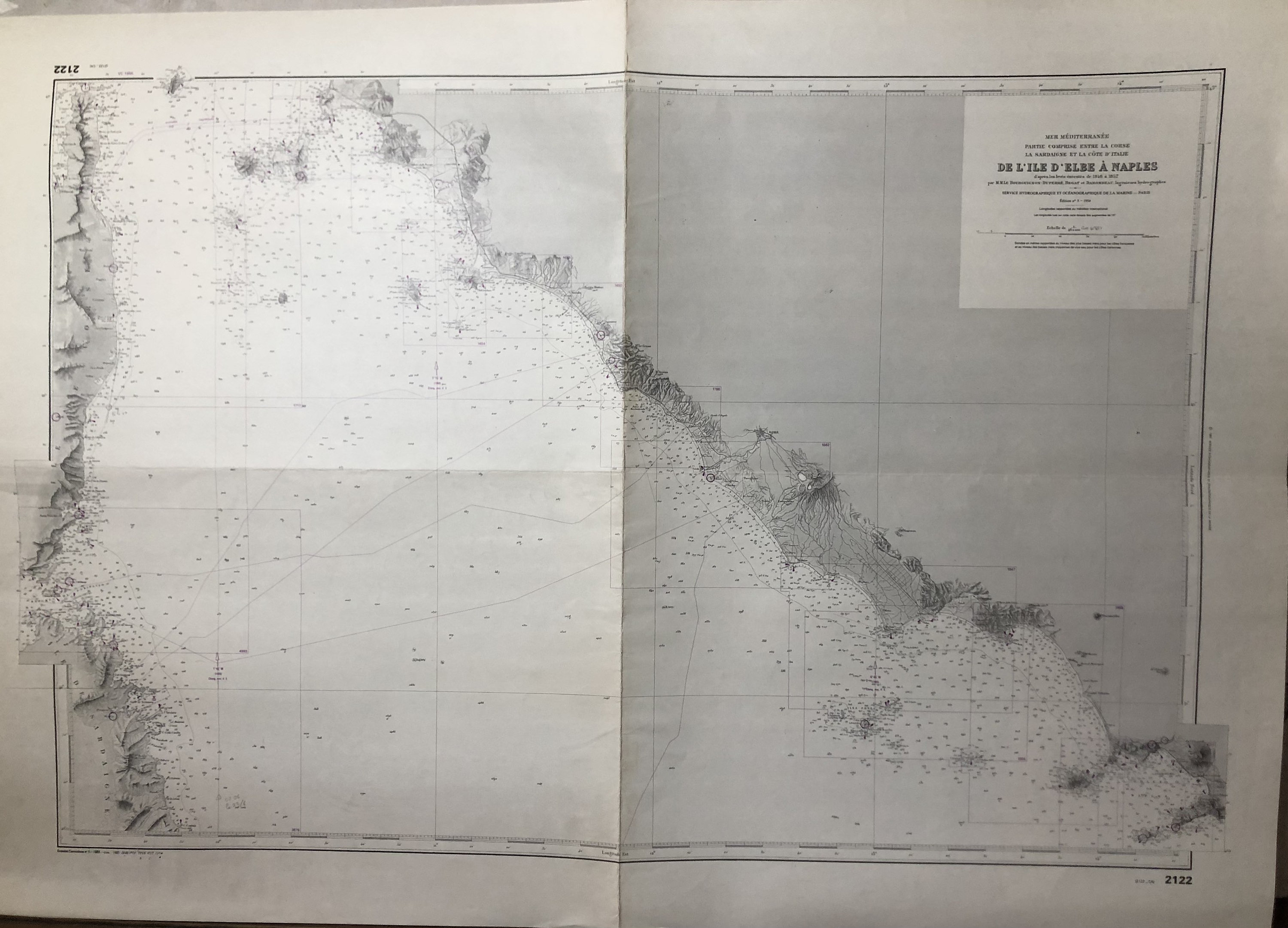 Authentique Carte Marine Ancienne Shom de L'île d'elbe à Naples Paris 1954 | Tirage 1980