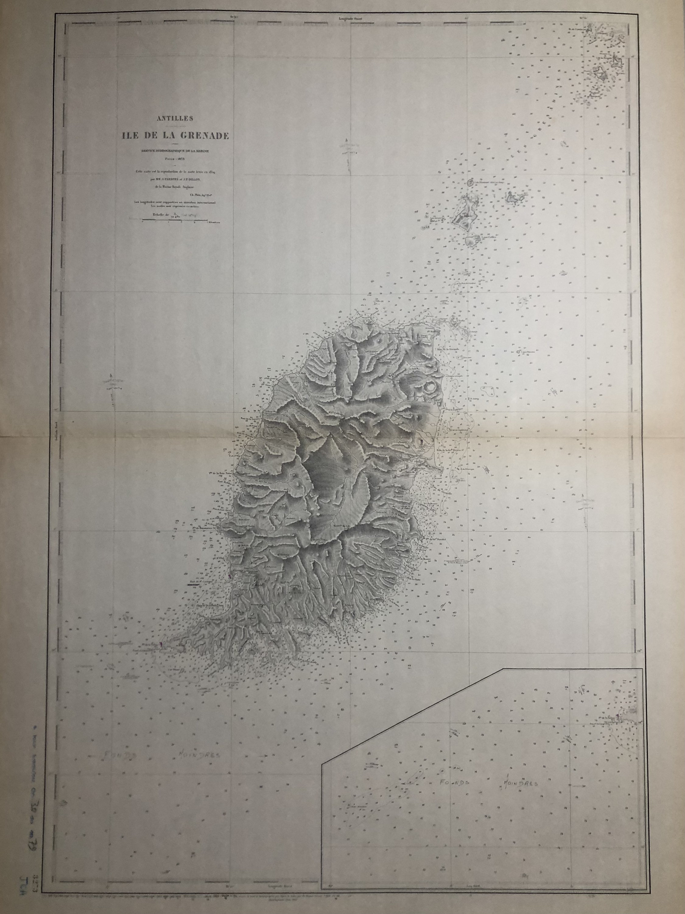 Authentique Carte Marine Ancienne Shom Antilles Île de La Grenade Paris 1873 | Tirage 1980